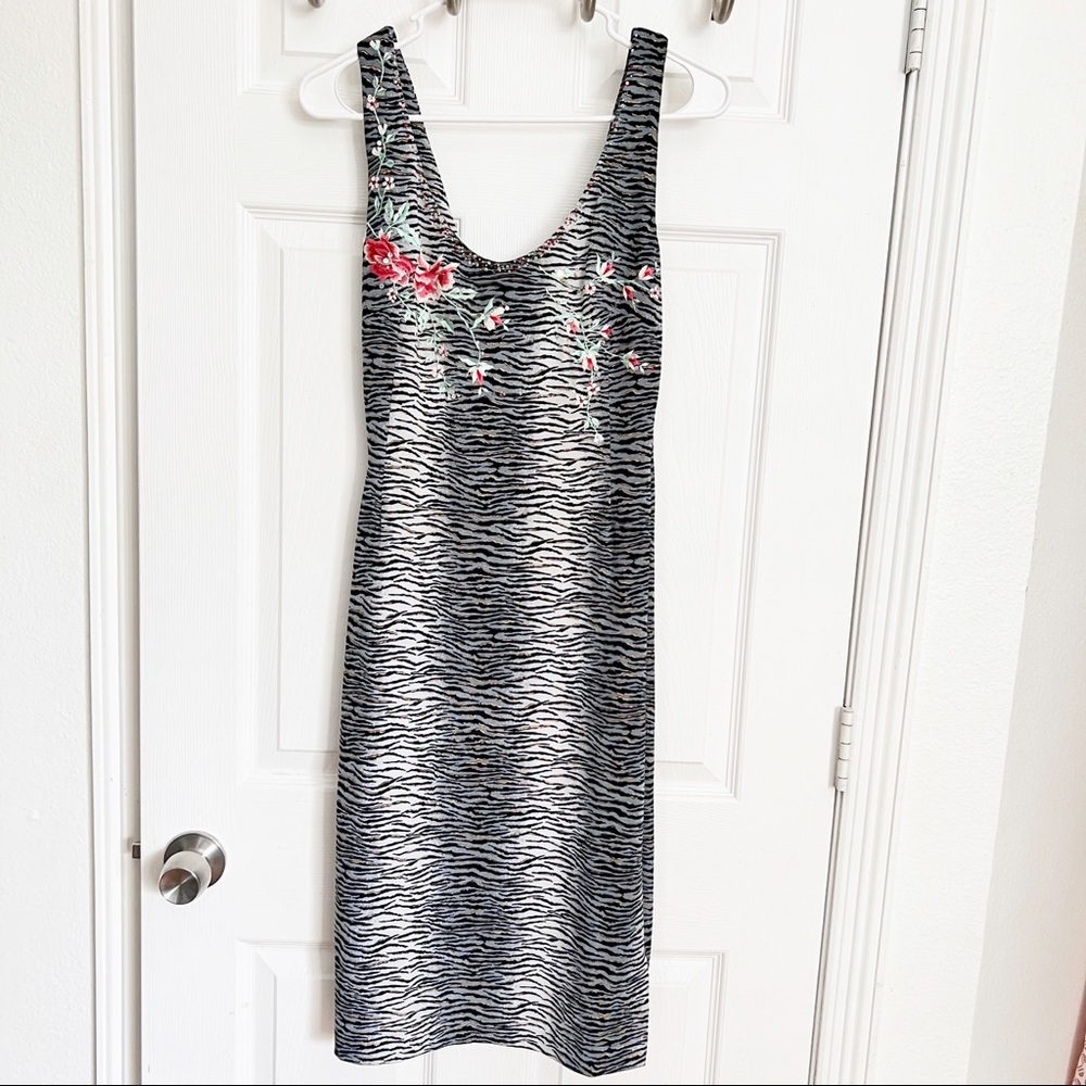Vintage  | Cache | Zebra Print With Embroidered Flowers & Sequin Body-con Dress